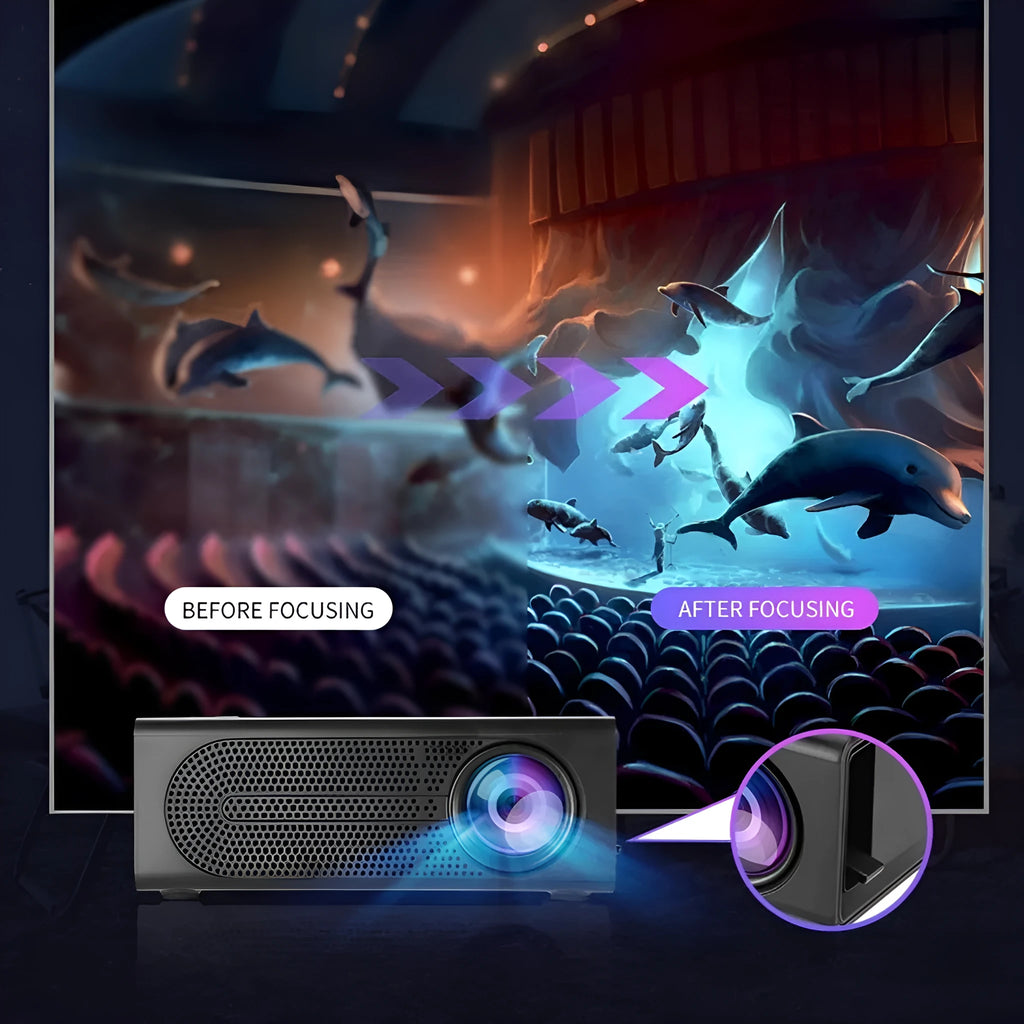 Portable mini projector in black or white colour with wired smartphone connection for screen mirroring