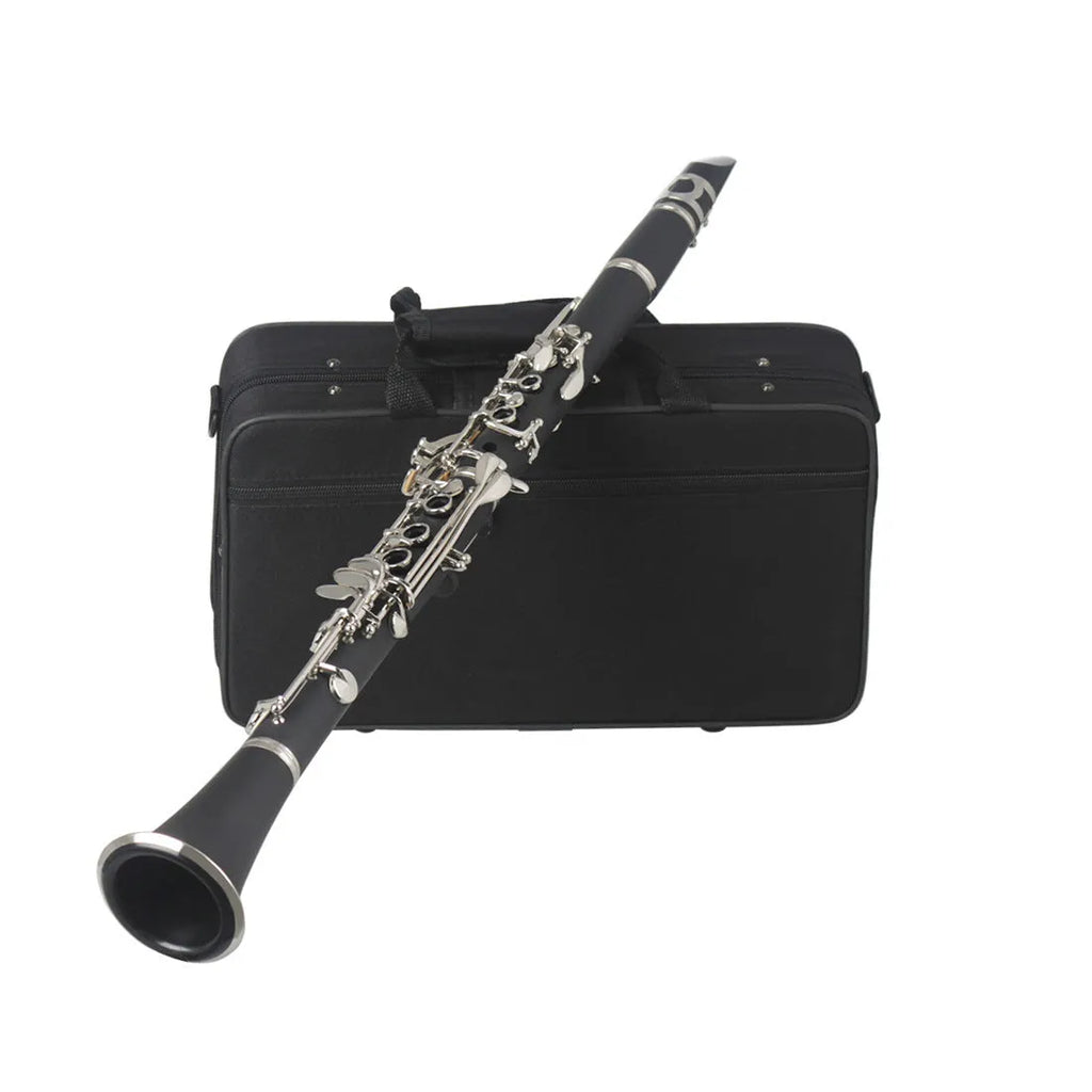 Black bakelite clarinet with 17 nickel-plated keys and included carrying bag