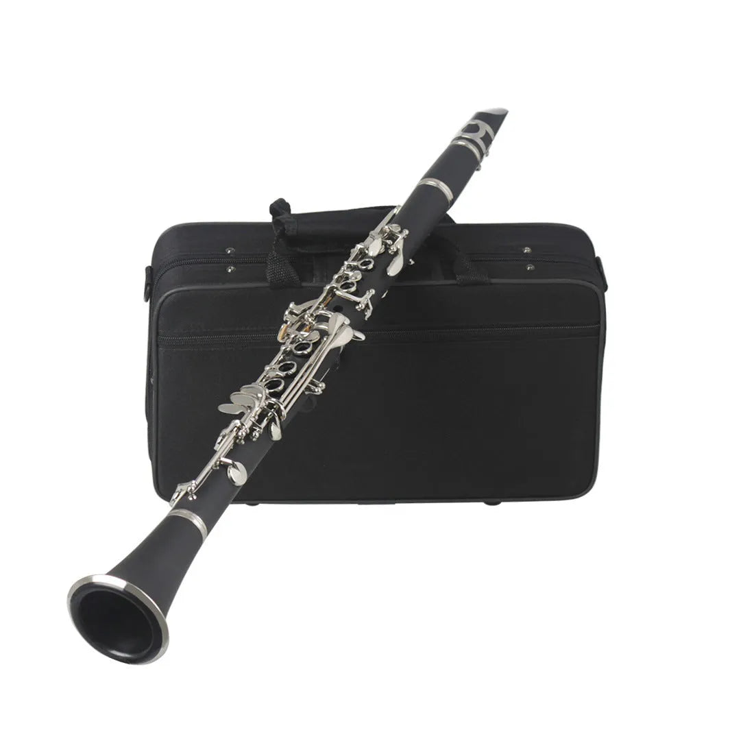 Black bakelite clarinet with 17 nickel-plated keys and included carrying bag
