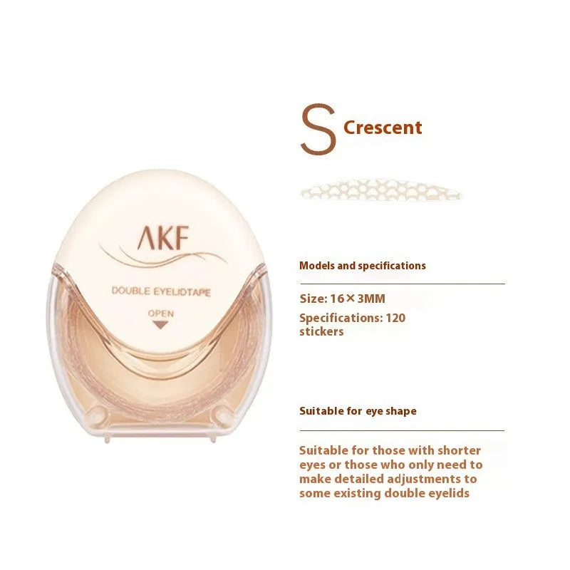 Roll of transparent lace double eyelid stickers, 120 pieces, showing Crescent and Olive shape options.