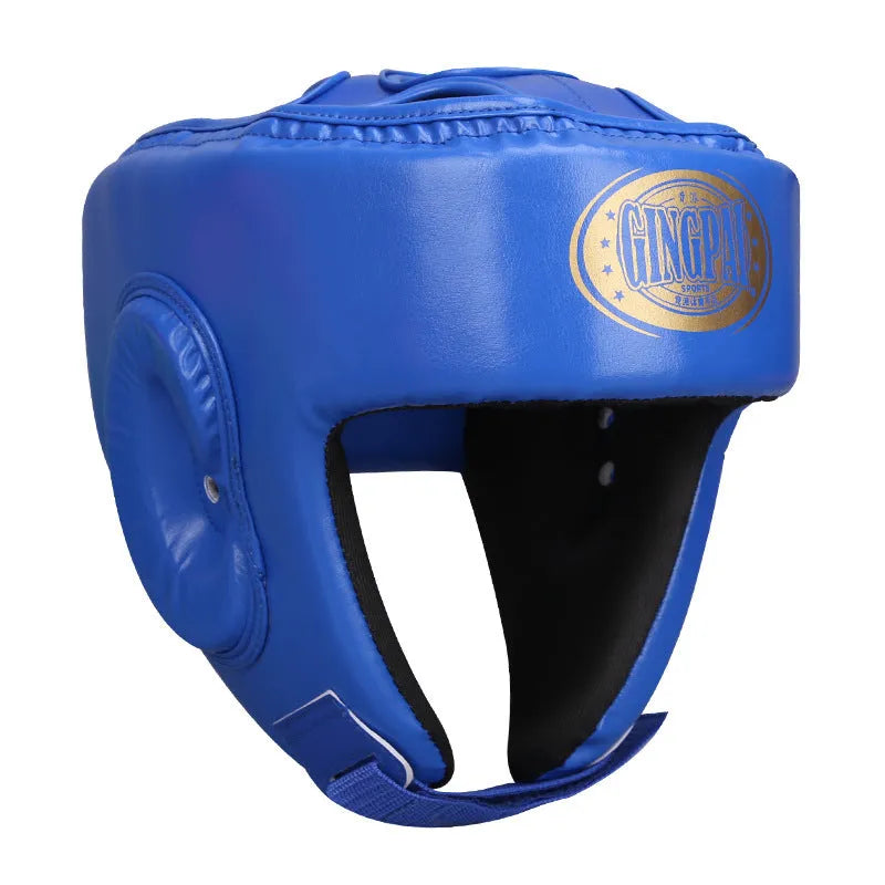 Red fully enclosed boxing helmet with jaw protection showing vertical style design