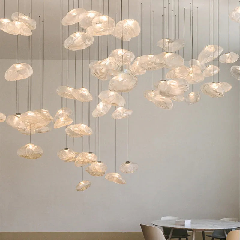 Postmodern glass decorative chandelier with LED lighting in amber, clear, or smoke grey colours