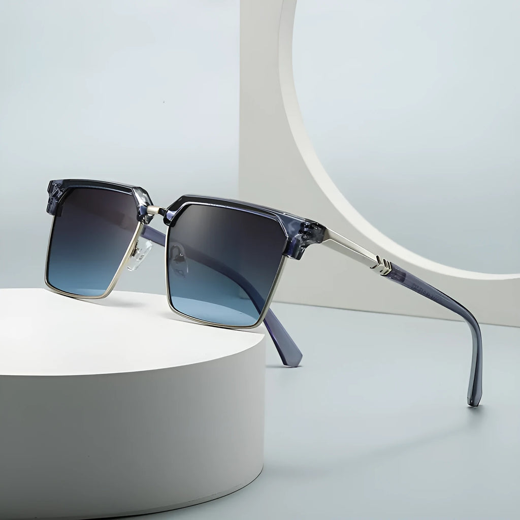 Men's square box frame sunglasses in multiple colour options on a plain background