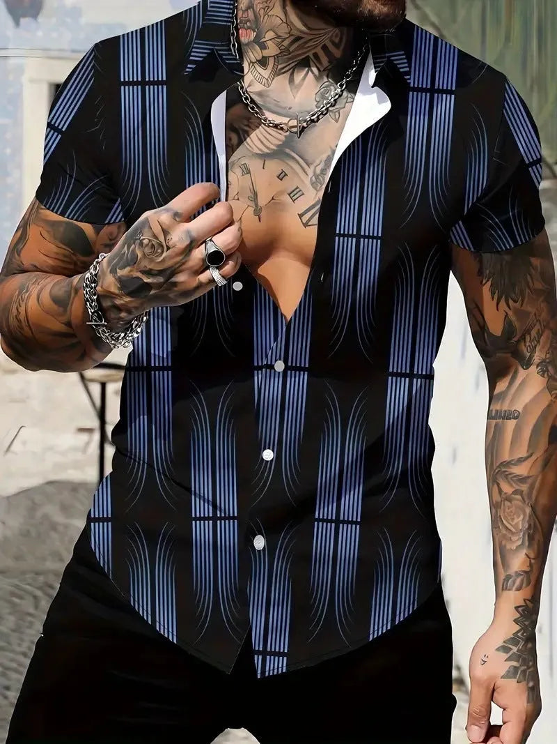 Men's geometric line print short sleeve shirt in slim fit cardigan style