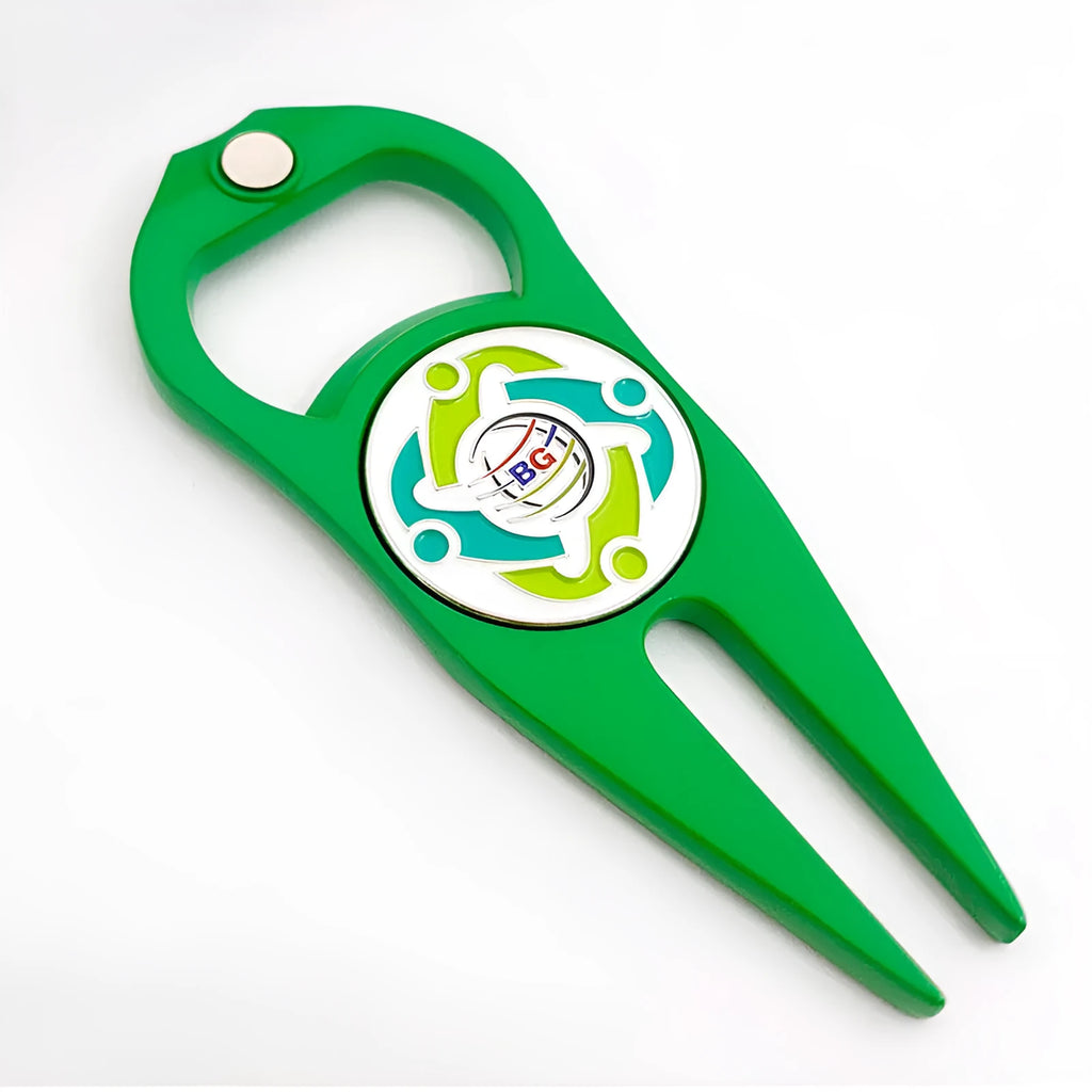 Zinc alloy golf ball yoke and bottle opener tool in black, green, and silver colour options