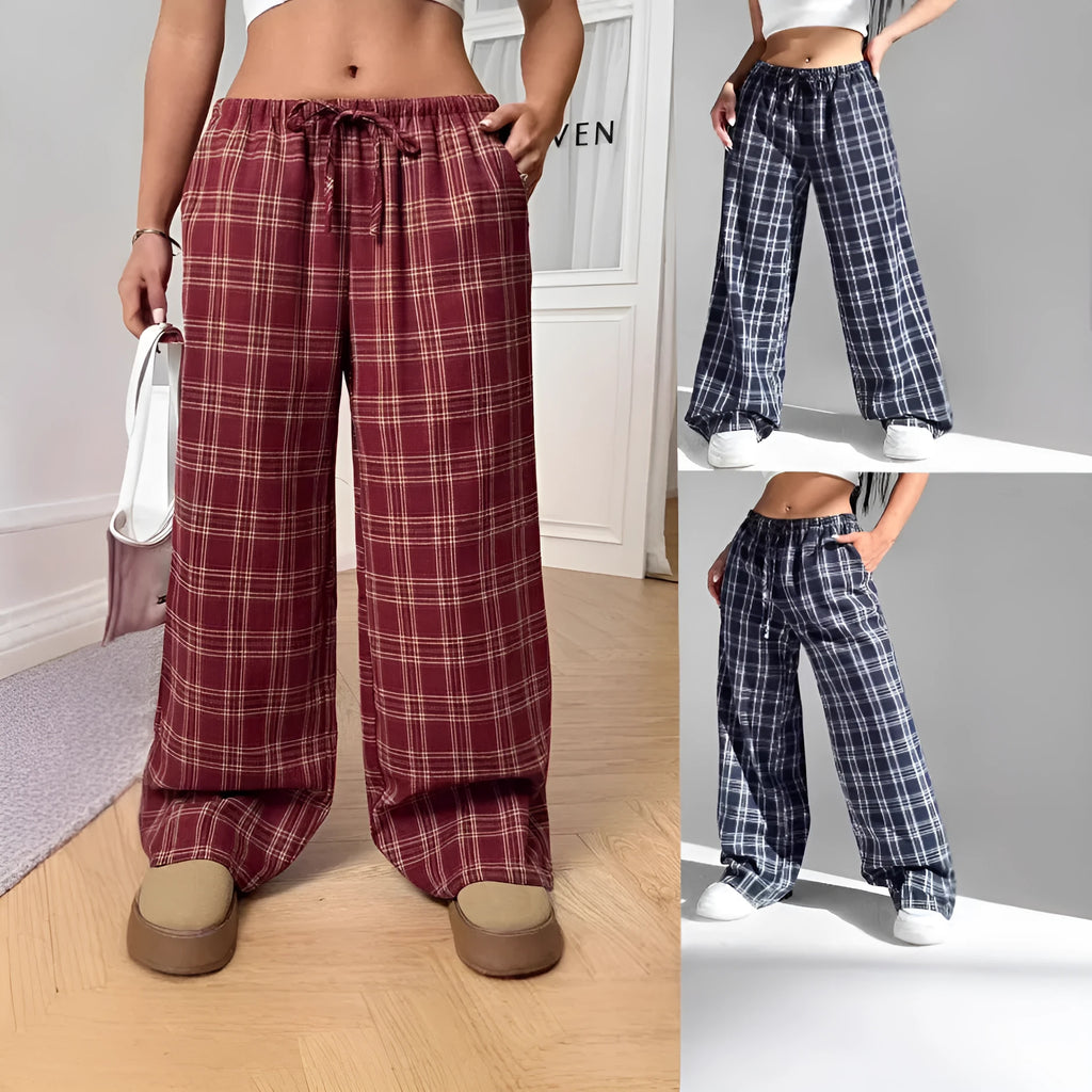 Blue plaid women's casual trousers with drawstring waist and pockets on a hanger.