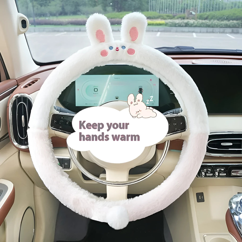 Plush winter steering wheel cover with embroidered cartoon animal, 38cm diameter.