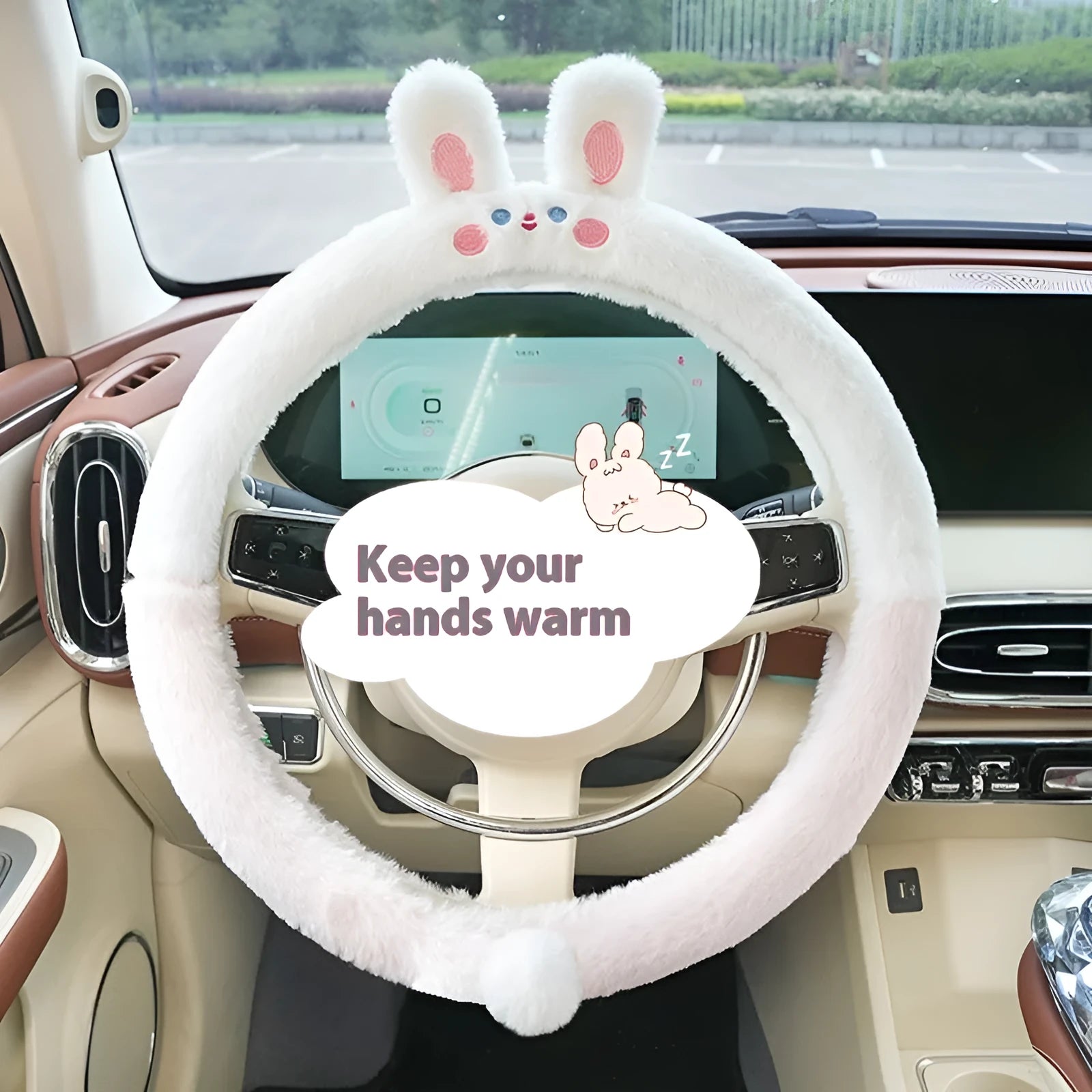 Plush winter steering wheel cover with embroidered cartoon animal, 38cm diameter.