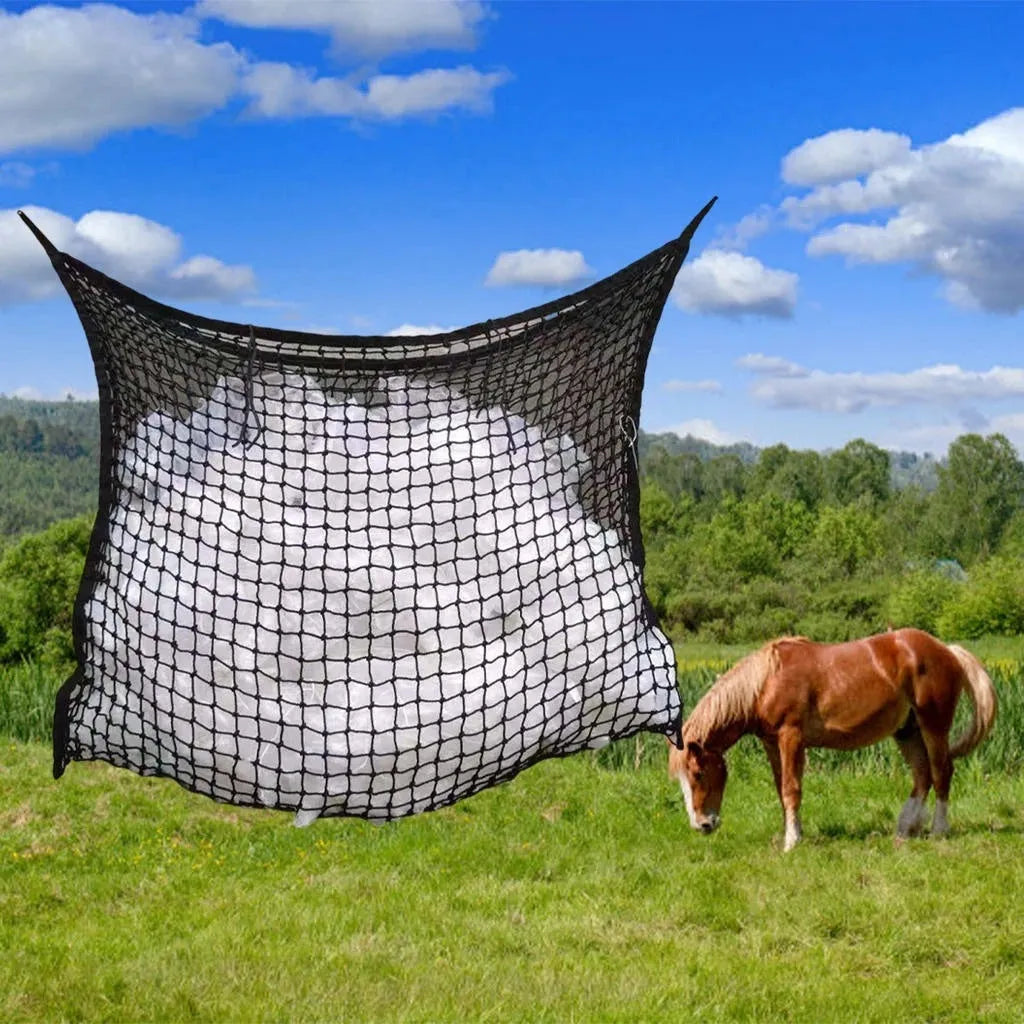 Black woven PE rope grid hanging feeding bag for horses and cattle.