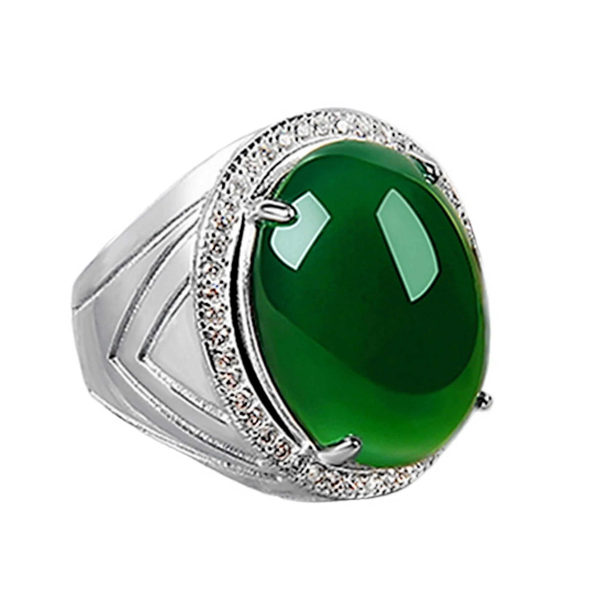 Natural green chalcedony ring with geometric cut, adjustable opening, and platinum finish on copper base