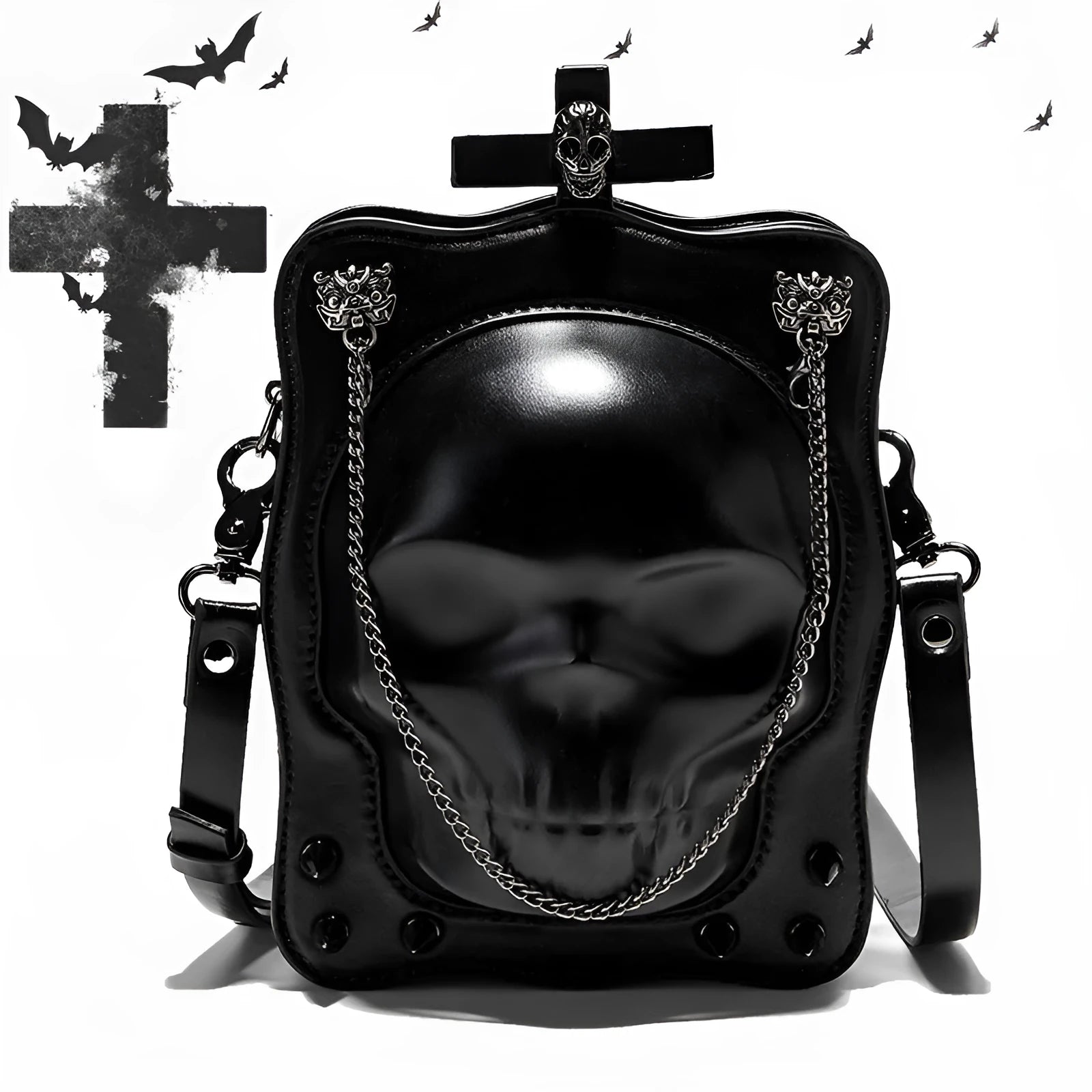 Black vertical square PU leather crossbody bag with embossed skull design, stitching, rivets, and a chain strap.