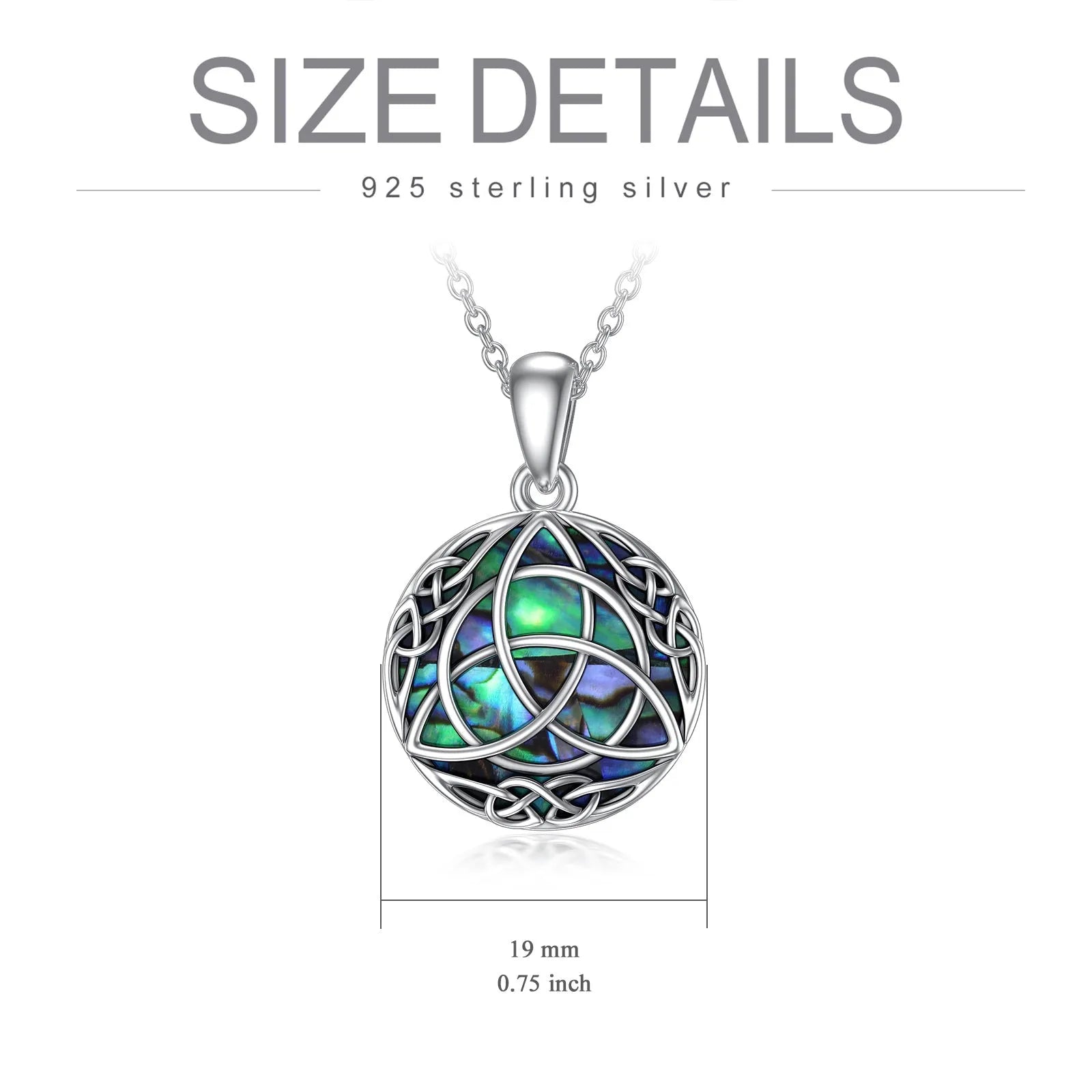 Vintage sterling silver trinity Celtic knot necklace with simulated abalone shell pendant on white gold plated chain