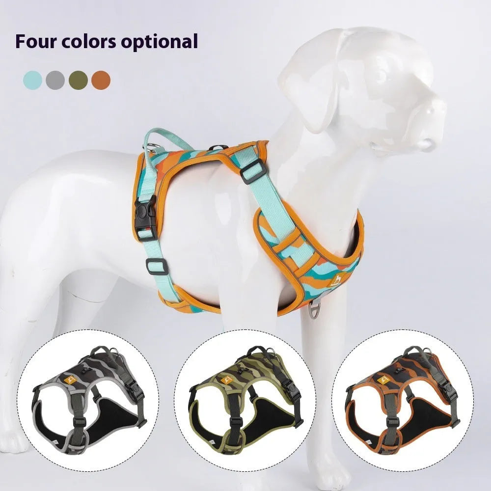 Orange dog harness with reflective strips and an integrated hand-holding rope on a dog's chest and back.