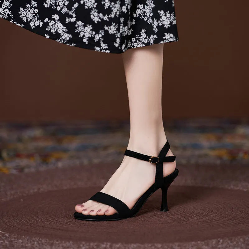 Women's small size suede sandals with high heel strap, round toe, black, 7cm heel, side view