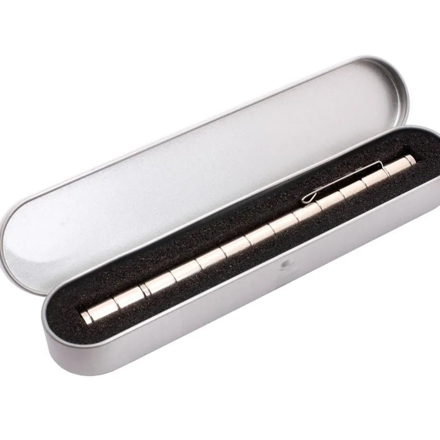 Magnetic modular pen set in silver iron box with 13 rings, 12 balls, 3 refills, 2 capacitor heads, and upgraded magnets