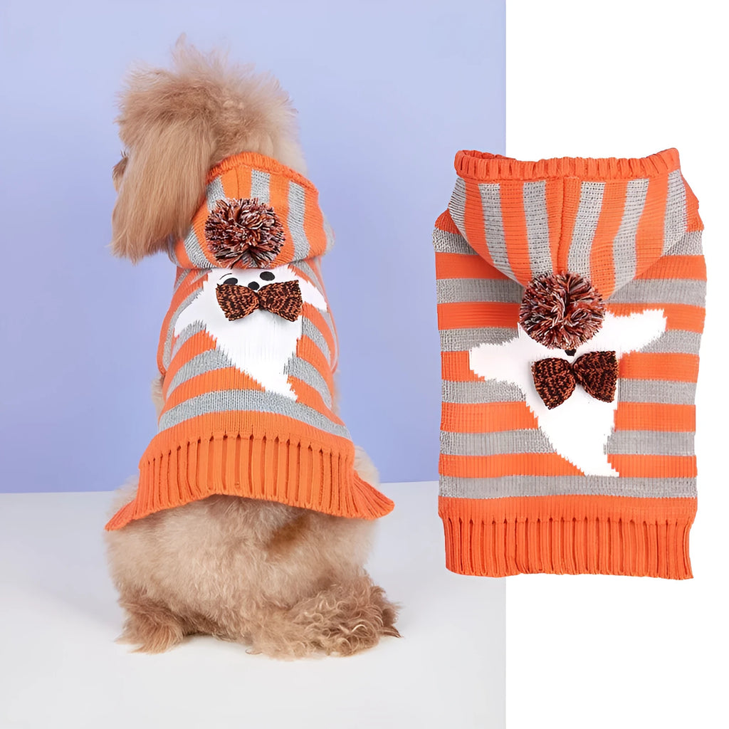 Orange striped knitted pet Halloween sweater with a hood and fur ball decoration for dogs and cats.