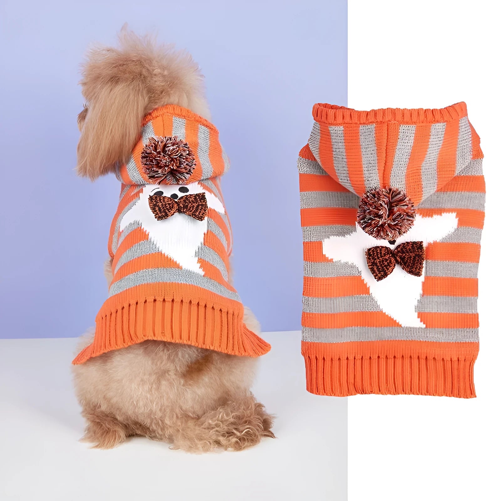 Orange striped knitted pet Halloween sweater with a hood and fur ball decoration for dogs and cats.