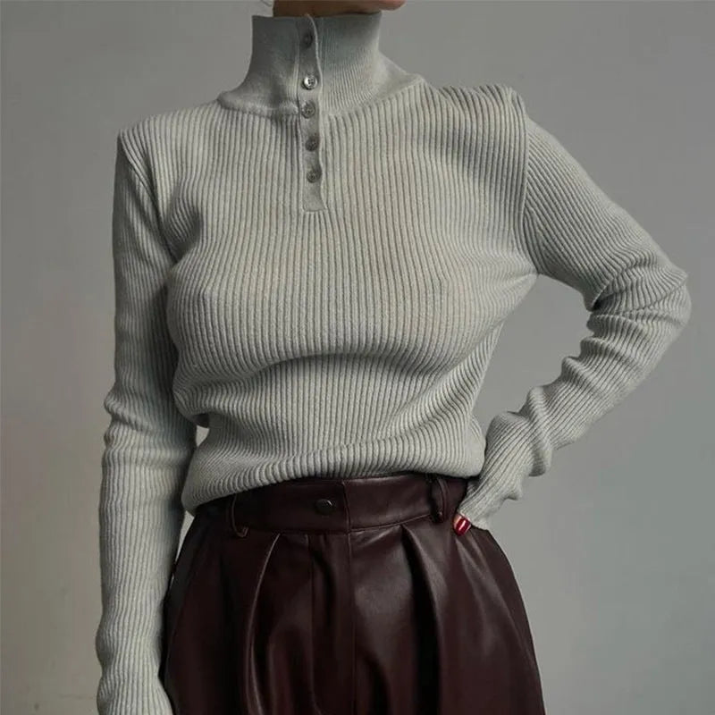 Women's retro half turtleneck pullover sweater with single-breasted placket in cotton-spandex blend fabric