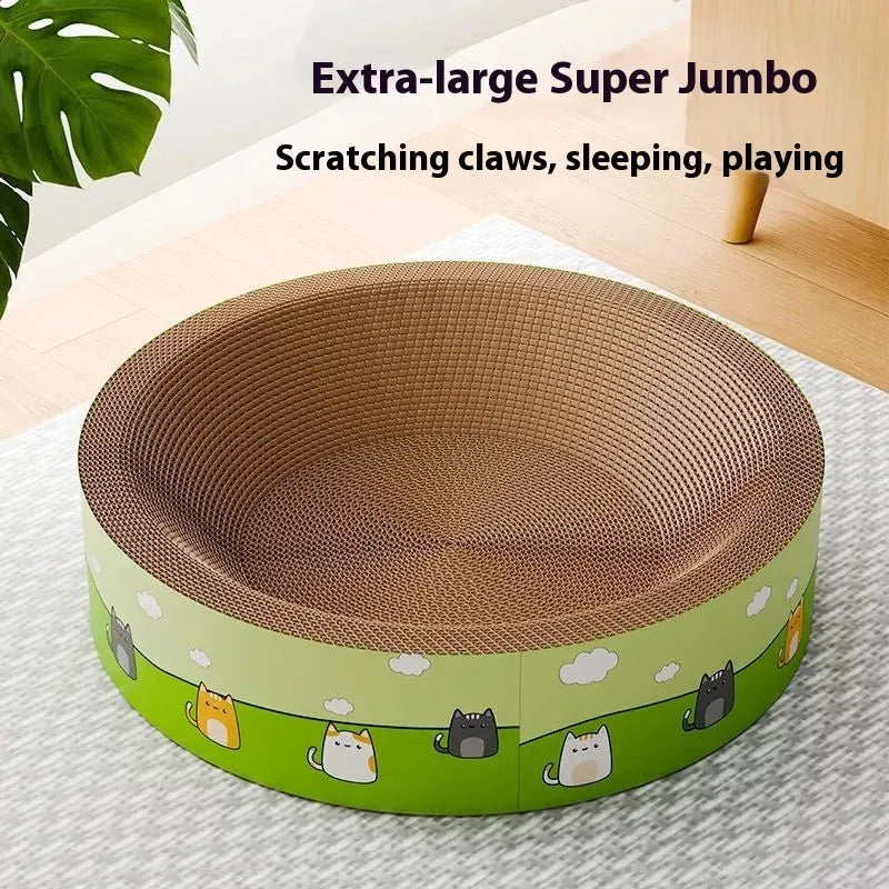 Large round deepening pit cat scratch board made from brown corrugated paper.