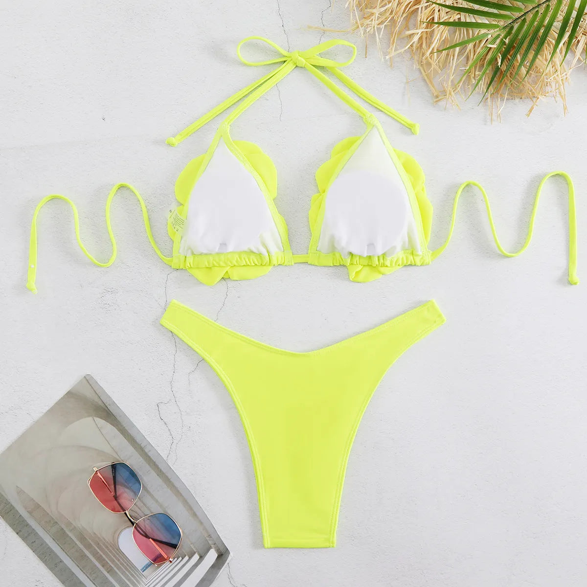 Low waist bikini swimsuit with 3D flower pattern in solid colour BA24448G1.