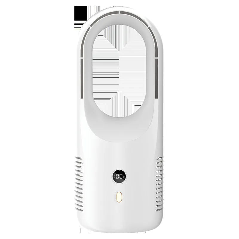 X28 bladeless desktop fan with LED display on a desk next to a Type-C charging cable.