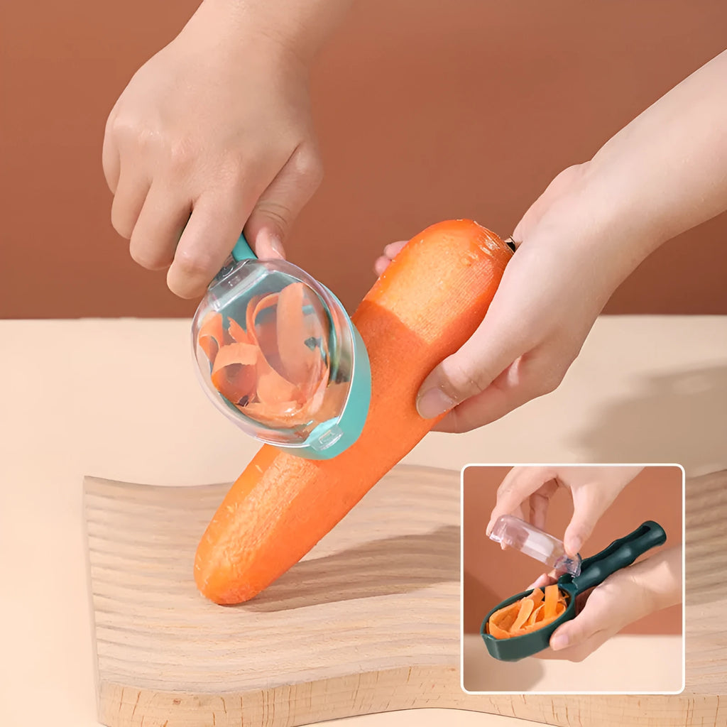 Yellow peeling knife with a stainless steel blade and a matching plastic storage lid on a kitchen worktop.