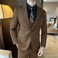 Men's slim fit business formal wear jacket in a chemical fibre blend available in dark green, brown, and camel colours.