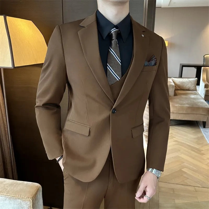 Men's slim fit business formal wear jacket in a chemical fibre blend available in dark green, brown, and camel colours.