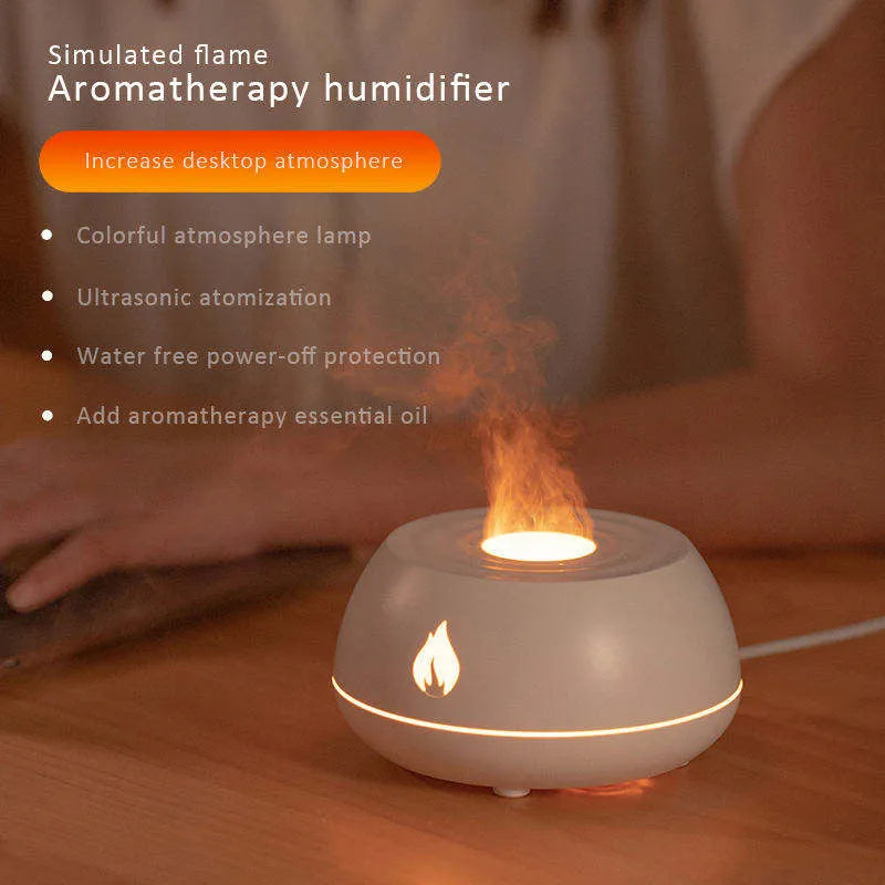 Black flame humidifier aroma diffuser with 130ml tank, 7 colour lights, and USB power on a wooden table