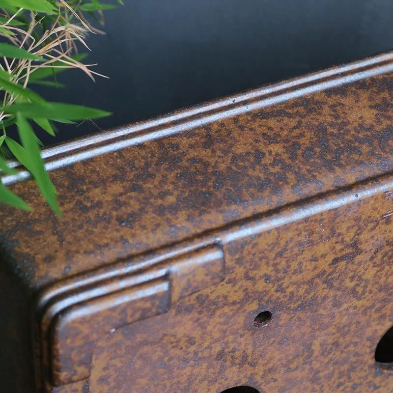 Rectangular purple sand bonsai pot with rustic firewood texture, shown empty for scale.