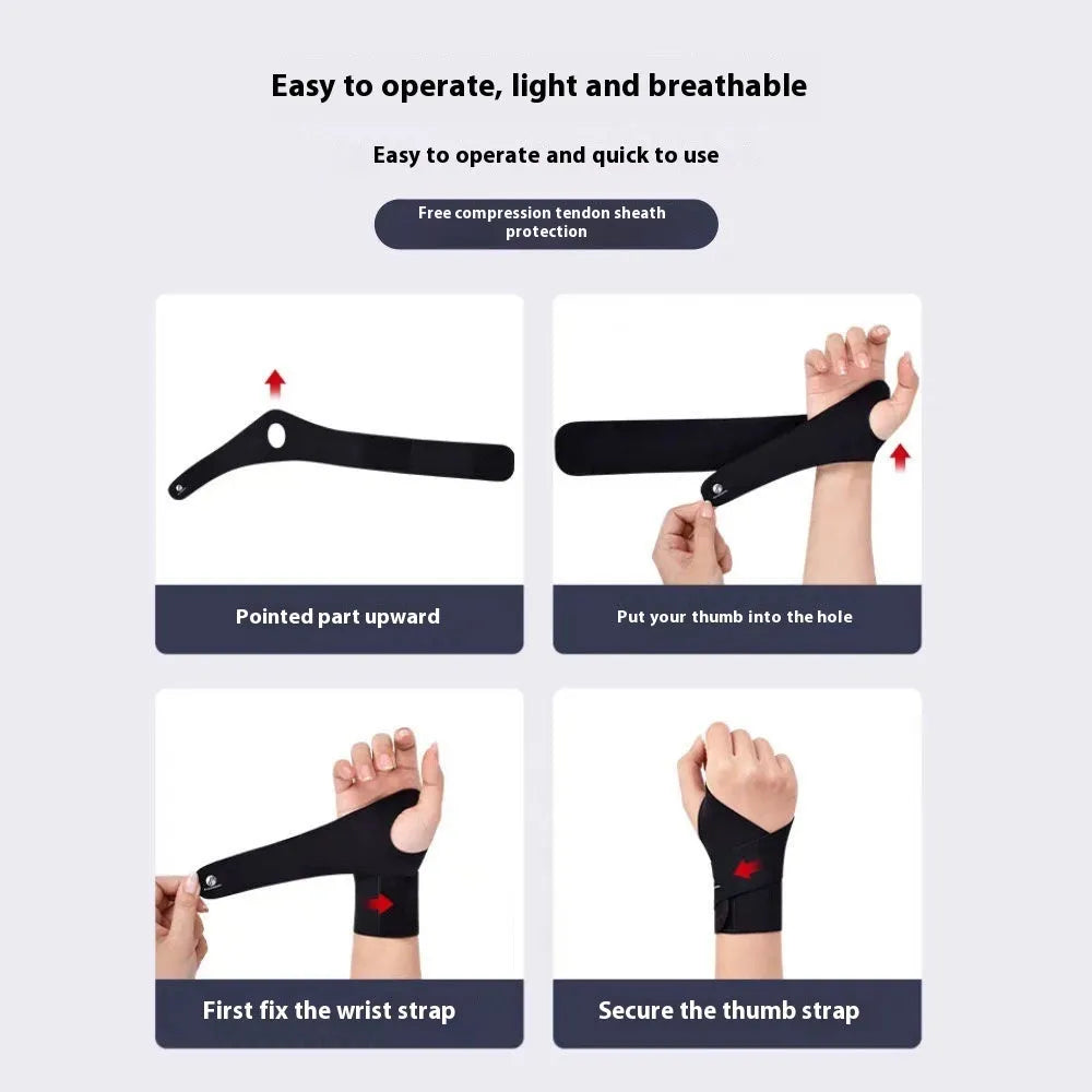 Adjustable black athletic wristguard shown on a wrist, suitable for sports like badminton and tennis.