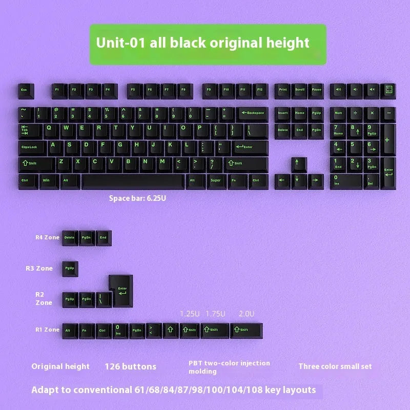 126 piece two-colour engraved plastic key cap set in black and purple for mechanical keyboards