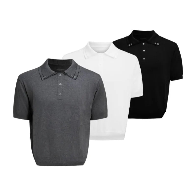 Men's loose fit short sleeve shirt with double collar lapel design in polyester knit fabric