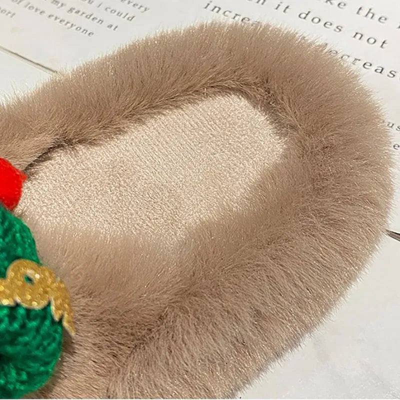 Women's Christmas hat design slippers with hairy faux plush upper in black, khaki and white colours