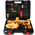 Yellow steel car electric jack set with an integrated electric wrench on a grey background