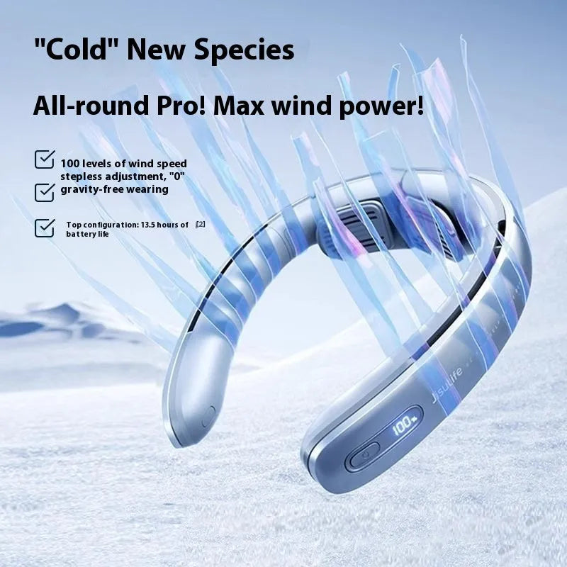 Silver grey portable neck fan with bladeless design showing dimensions and USB charging port