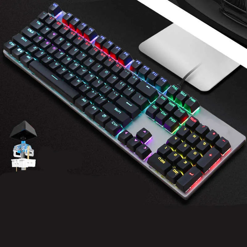 AOC GK410 mechanical keyboard with green switches, metal case, and red backlit keys.