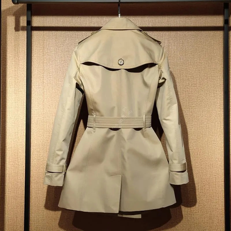 Women's khaki trench coat with double-breasted front and flight sleeves in British style