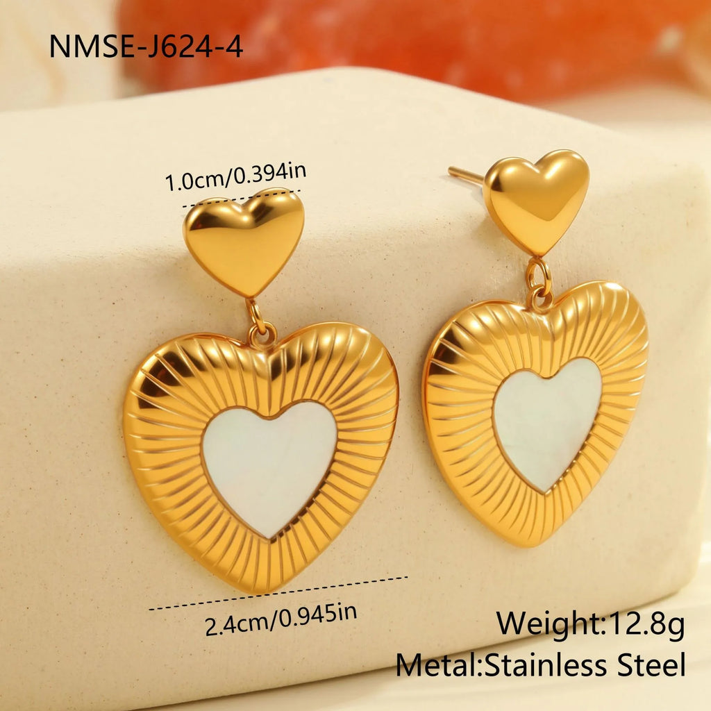 White heart-shaped fritillary earrings with 18K gold electroplated finish on stainless steel