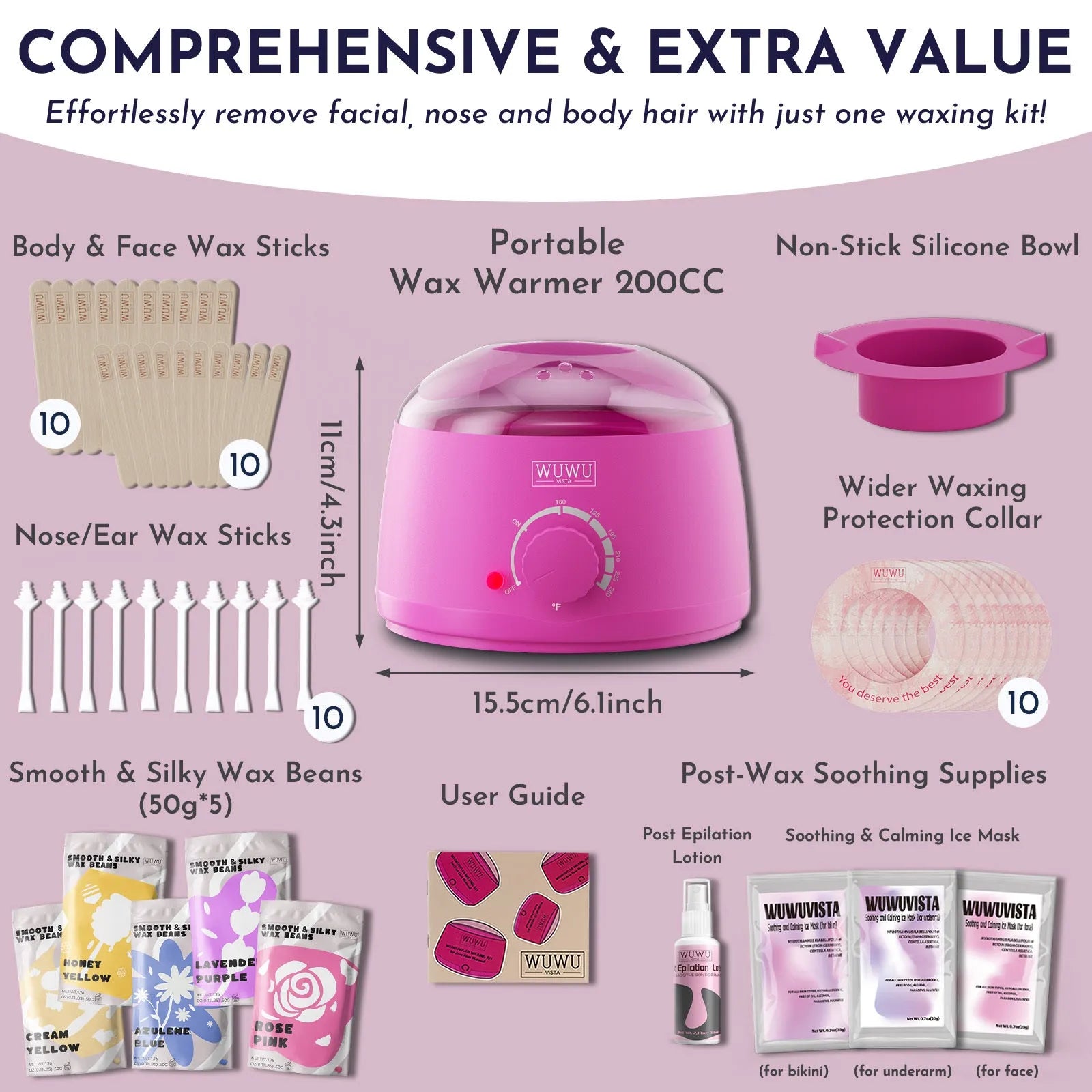 Professional 52-piece waxing kit with wax warmer, hard wax beans, applicator sticks, and aftercare products.
