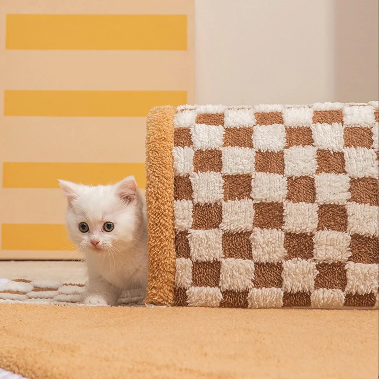 XL sized fan-shaped plush pet bed with an attached tunnel in coffee colour on a wooden floor.