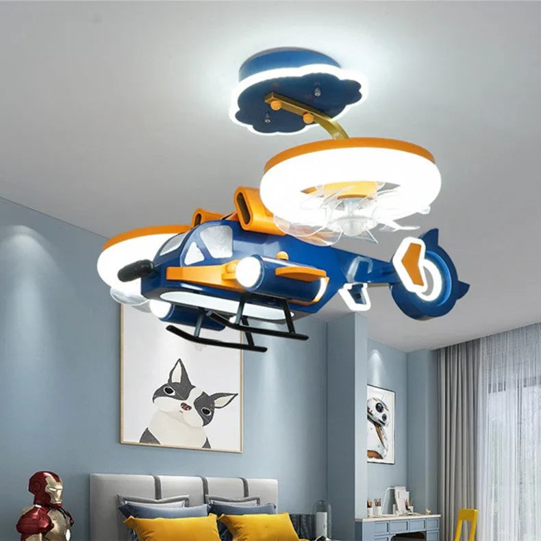 Modern ceiling fan light with yellow and blue acrylic shade and metal blades for large bedrooms