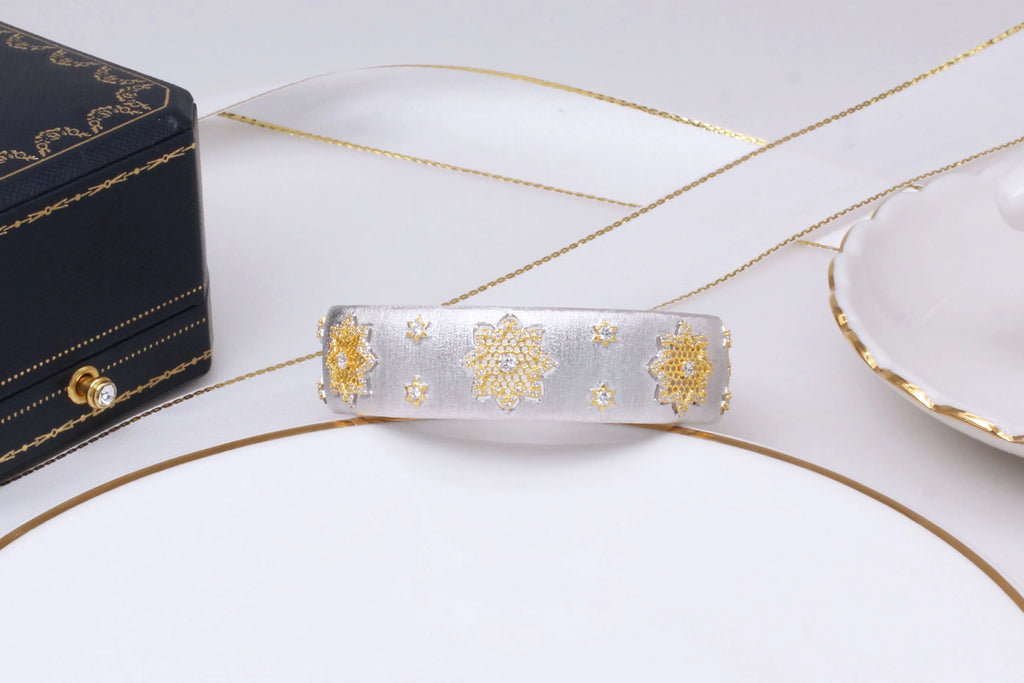 925 silver gold plated divided snowflake bracelet with open adjustable 18mm width