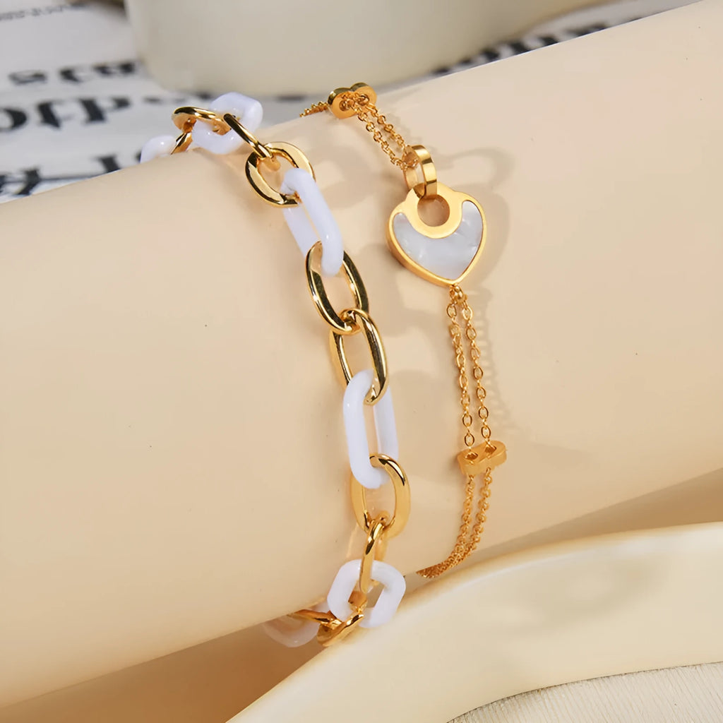 Women's stainless steel resin bracelet with double layers and heart shape design