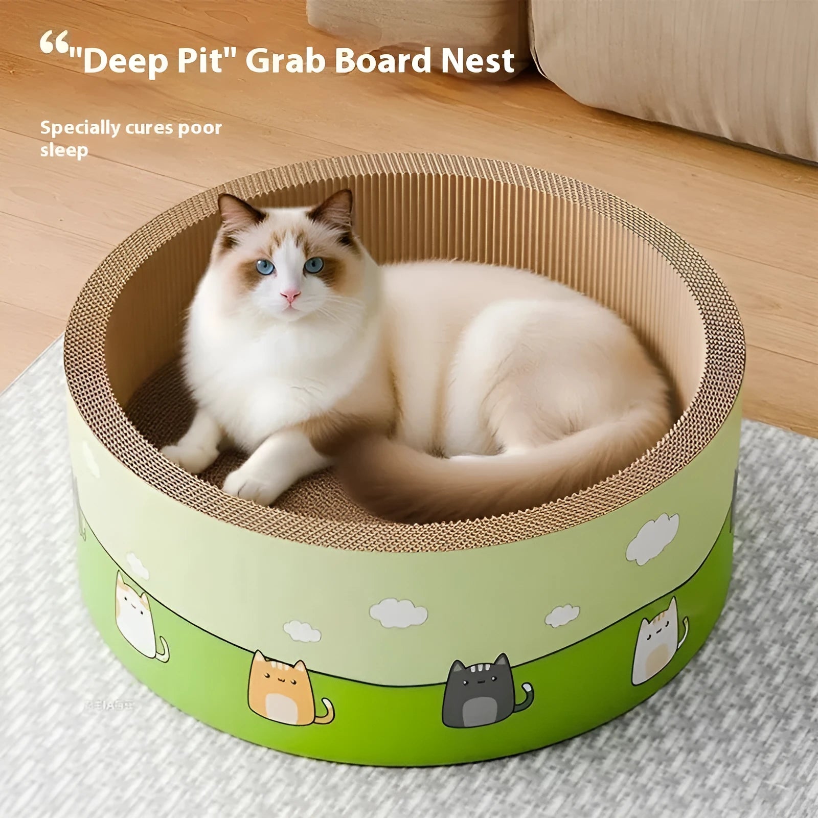 Large round deepening pit cat scratch board made from brown corrugated paper.