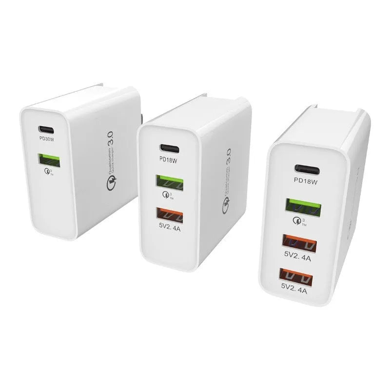 Fast charging wall charger with multiple USB ports in black or white ABS plastic housing