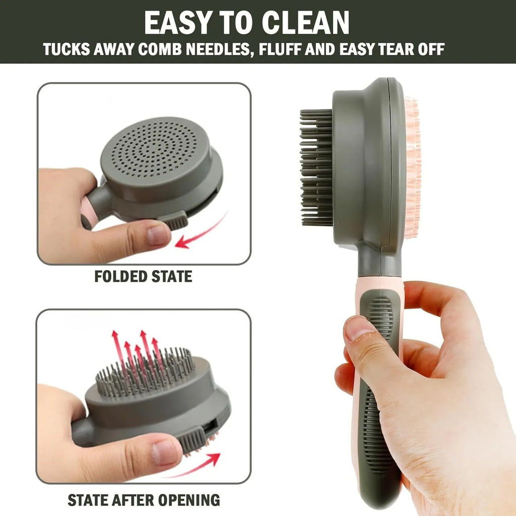 Double-sided pink cat grooming brush with release button and flea comb component