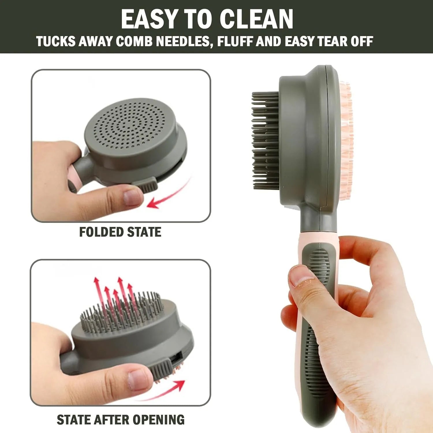 Double-sided pink cat grooming brush with release button and flea comb component