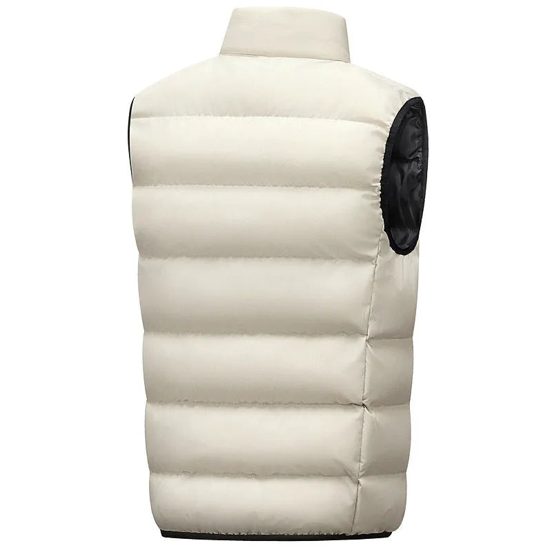 Men's casual waterproof polyester vest in black with straight hem, shown on model
