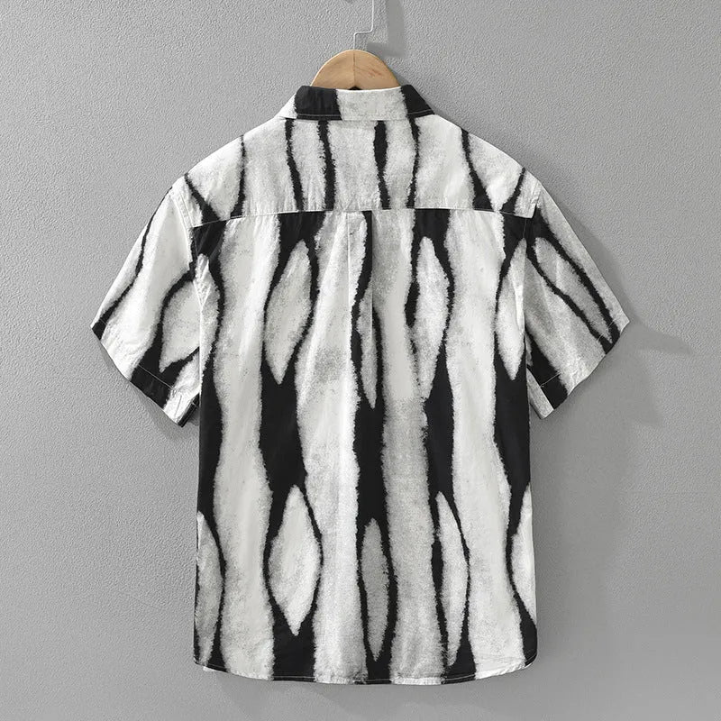 Retro striped short sleeve cotton shirt in loose cardigan fit on hanger